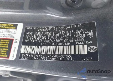 2012 Toyota Camry Se from USA, damaged, VIN 4T1BF1FK4CU092339